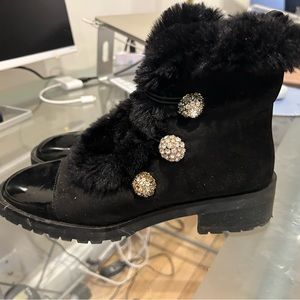 Black Faux Fur Boots with Glam Buttoning